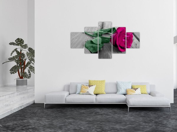 Obraz - Różowa róża z zieloną łodygą (125x70 cm)