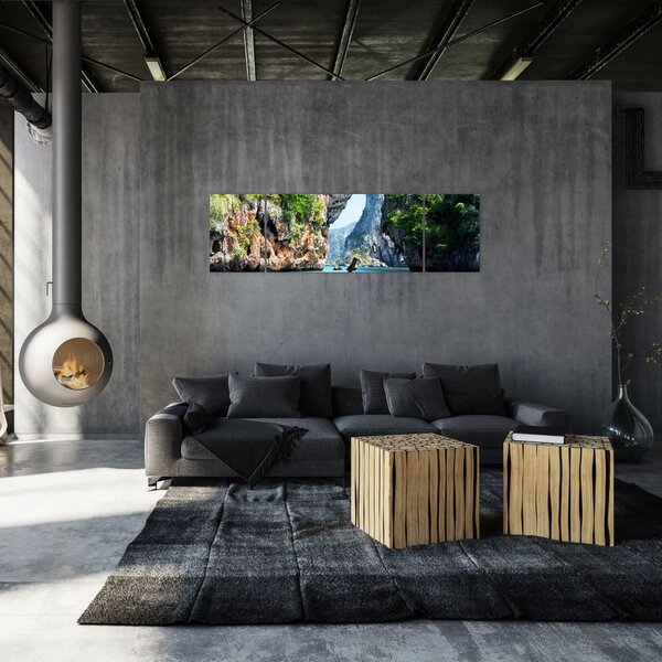 Obraz - Wodny śródziemnomorski krajobraz z łodzią (170x50 cm)