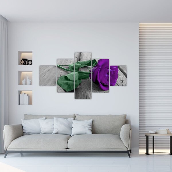 Obraz - Fioletowa róża z zieloną łodygą (125x70 cm)
