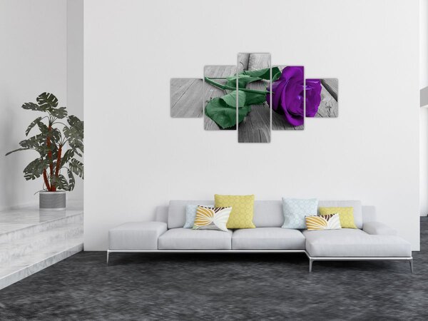 Obraz - Fioletowa róża z zieloną łodygą (125x70 cm)