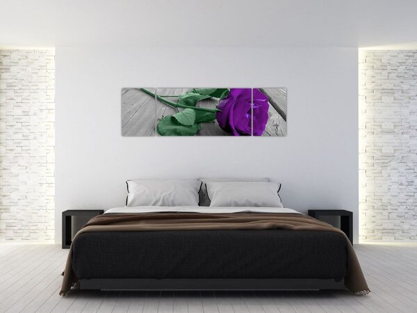 Obraz - Fioletowa róża z zieloną łodygą (170x50 cm)