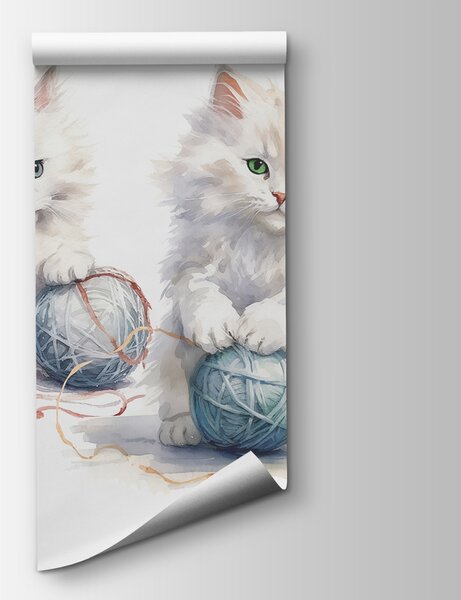 Fototapeta Akwarela przedstawiająca dwa kocięta bawiące się włóczką, Fototapety z zwierzętami, Popularne Fototapety, w00843 - Tapeko.pl