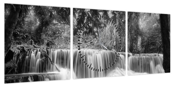 Obraz - Czarno-biały wodospad (z zegarem) (90x30 cm)