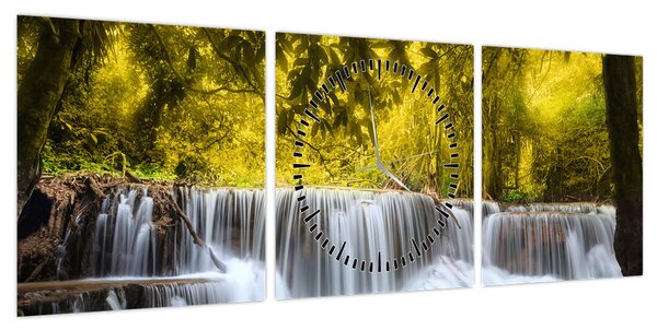 Obraz - Wodospad w jasnych kolorach (z zegarem) (90x30 cm)