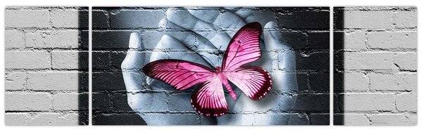 Obraz - Różowy motyl w ścianie (170x50 cm)