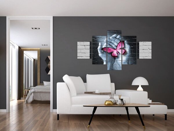 Obraz - Różowy motyl w ścianie (125x70 cm)