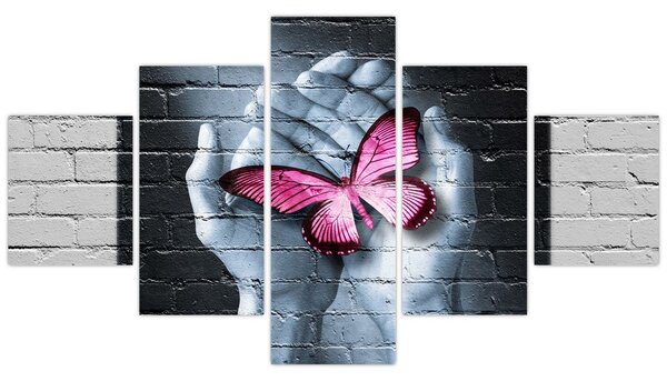 Obraz - Różowy motyl w ścianie (125x70 cm)