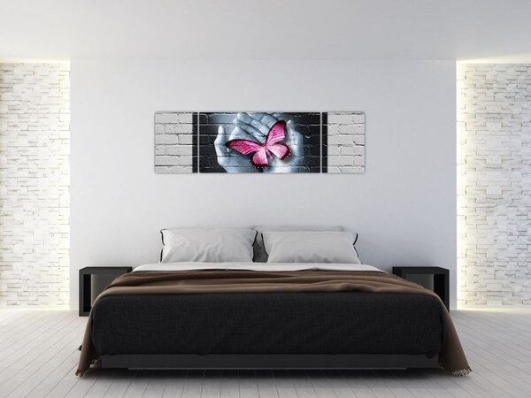 Obraz - Różowy motyl w ścianie (170x50 cm)