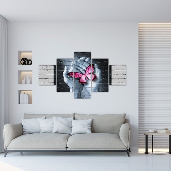 Obraz - Różowy motyl w ścianie (125x70 cm)