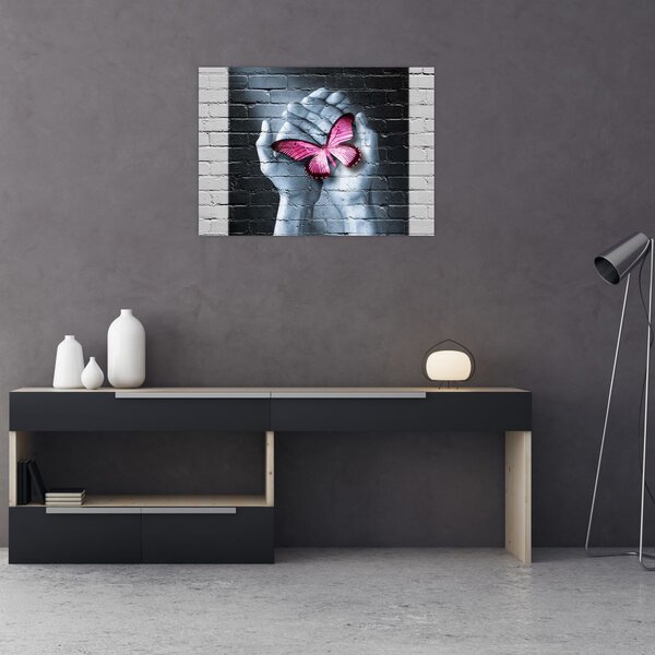 Obraz - Różowy motyl w ścianie (70x50 cm)