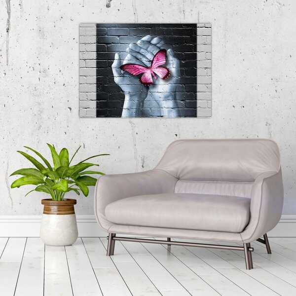 Obraz - Różowy motyl w ścianie (70x50 cm)