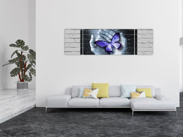 Obraz - Fioletowy motyl na ścianie (170x50 cm)