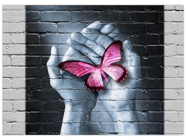 Obraz - Różowy motyl w ścianie (70x50 cm)