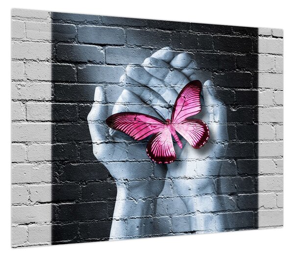 Obraz - Różowy motyl w ścianie (70x50 cm)