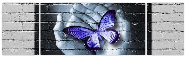 Obraz - Fioletowy motyl na ścianie (170x50 cm)