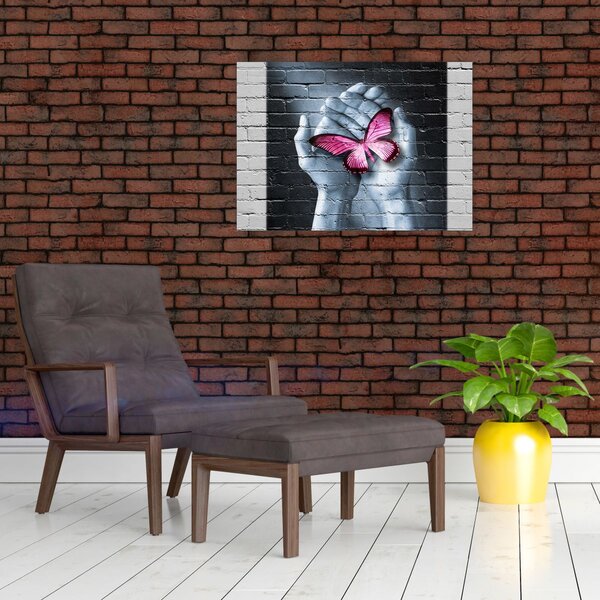 Obraz - Różowy motyl w ścianie (70x50 cm)