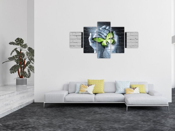 Obraz - Zielony motyl w ścianie (125x70 cm)