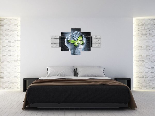 Obraz - Zielony motyl w ścianie (125x70 cm)