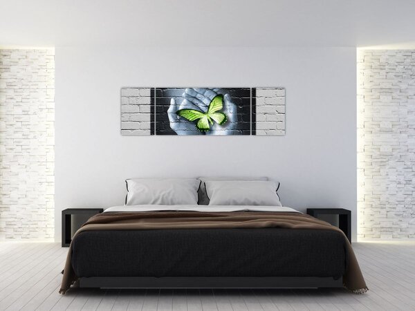Obraz - Zielony motyl w ścianie (170x50 cm)