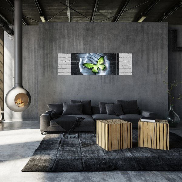 Obraz - Zielony motyl w ścianie (170x50 cm)