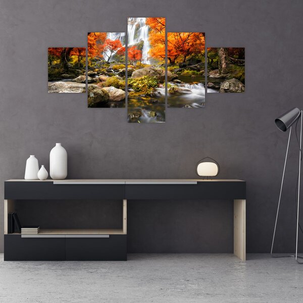 Obraz - Wodospady w jesiennym krajobrazie, pomarańczowy (125x70 cm)