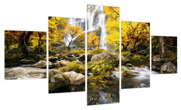 Obraz - Wodospady w jesiennym krajobrazie, żółty (125x70 cm)
