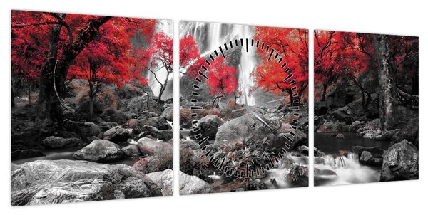 Obraz - Wodospady w jesiennym krajobrazie (z zegarem) (90x30 cm)