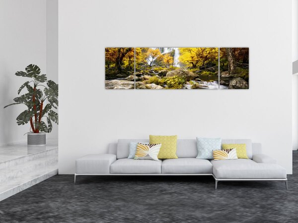 Obraz - Wodospady w jesiennym krajobrazie, żółty (170x50 cm)