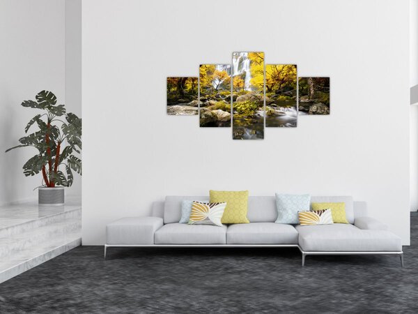 Obraz - Wodospady w jesiennym krajobrazie, żółty (125x70 cm)