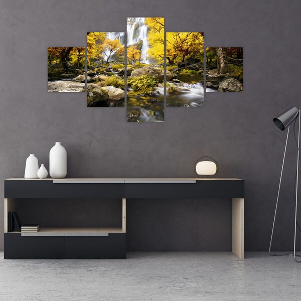 Obraz - Wodospady w jesiennym krajobrazie, żółty (125x70 cm)