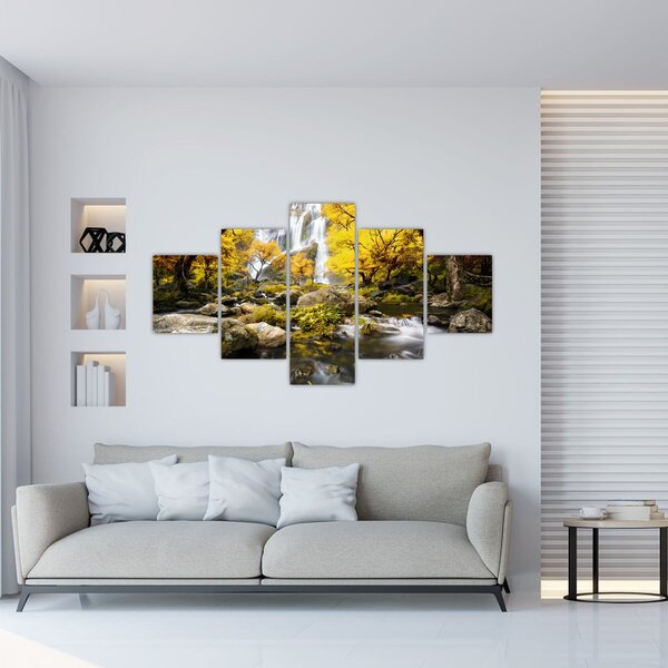 Obraz - Wodospady w jesiennym krajobrazie, żółty (125x70 cm)