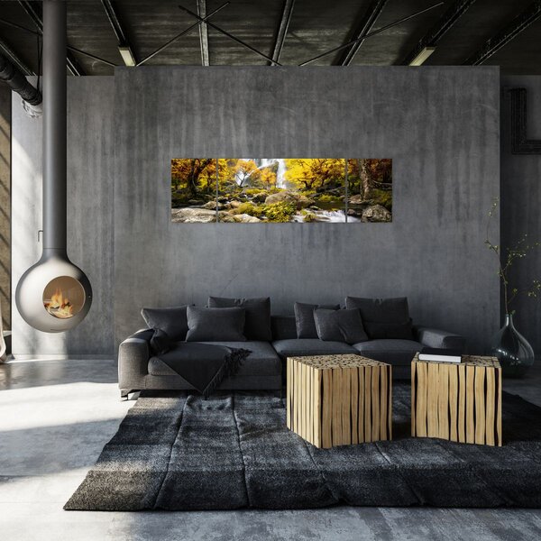 Obraz - Wodospady w jesiennym krajobrazie, żółty (170x50 cm)