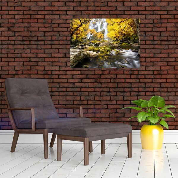 Obraz - Wodospady w jesiennym krajobrazie, żółty (70x50 cm)