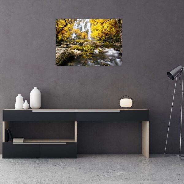 Obraz - Wodospady w jesiennym krajobrazie, żółty (70x50 cm)