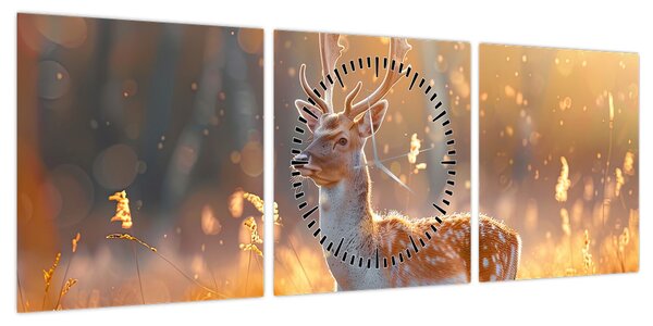 Obraz - Jeleń na polu (z zegarem) (90x30 cm)