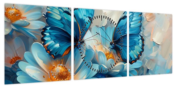 Obraz - Niebieskie motyle (z zegarem) (90x30 cm)