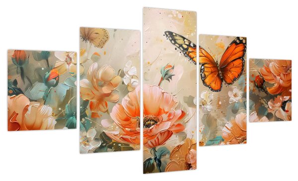 Obraz - Motyl i kwiaty, obraz olejny (125x70 cm)