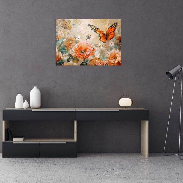 Obraz - Motyl i kwiaty, obraz olejny (70x50 cm)