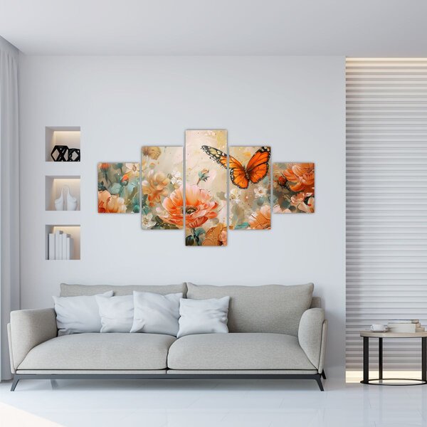 Obraz - Motyl i kwiaty, obraz olejny (125x70 cm)