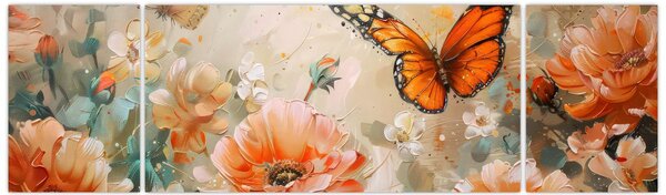 Obraz - Motyl i kwiaty, obraz olejny (170x50 cm)
