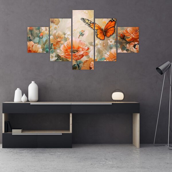 Obraz - Motyl i kwiaty, obraz olejny (125x70 cm)