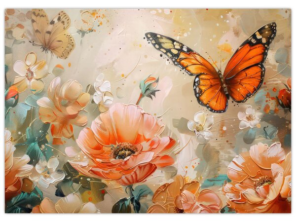Obraz - Motyl i kwiaty, obraz olejny (70x50 cm)