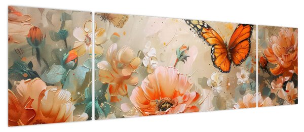 Obraz - Motyl i kwiaty, obraz olejny (170x50 cm)