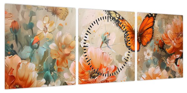 Obraz - Motyl i kwiaty, obraz olejny (z zegarem) (90x30 cm)