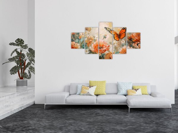 Obraz - Motyl i kwiaty, obraz olejny (125x70 cm)