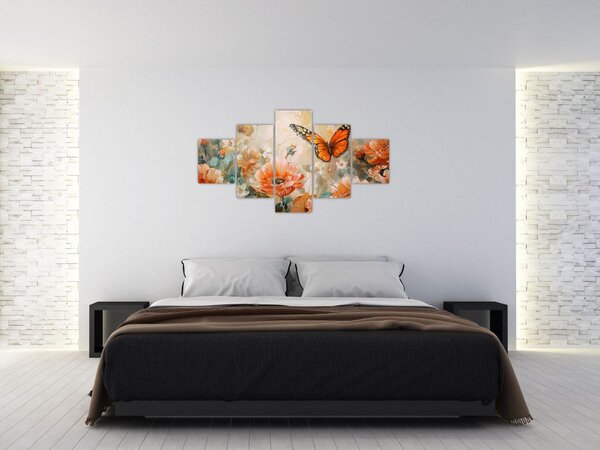 Obraz - Motyl i kwiaty, obraz olejny (125x70 cm)