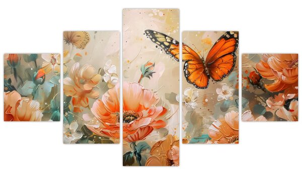 Obraz - Motyl i kwiaty, obraz olejny (125x70 cm)
