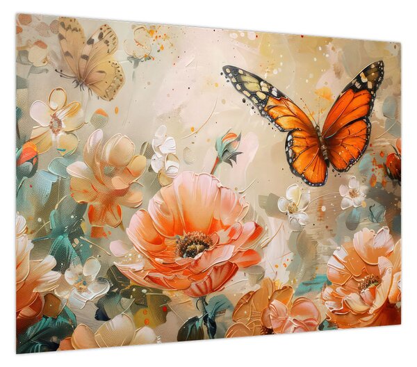 Obraz - Motyl i kwiaty, obraz olejny (70x50 cm)