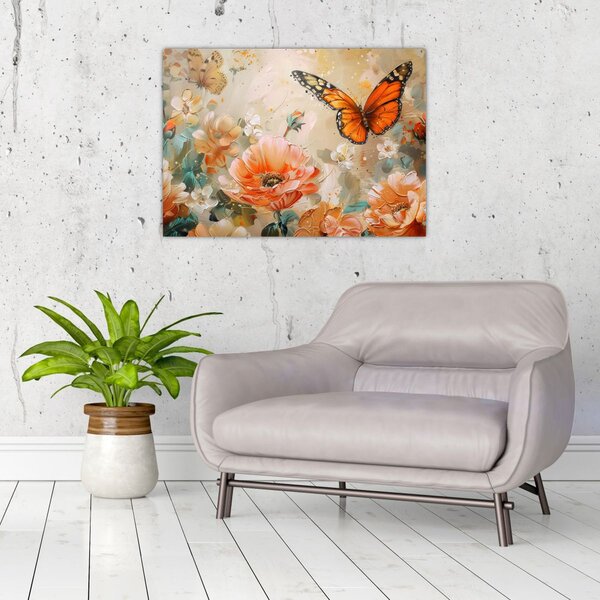 Obraz - Motyl i kwiaty, obraz olejny (70x50 cm)