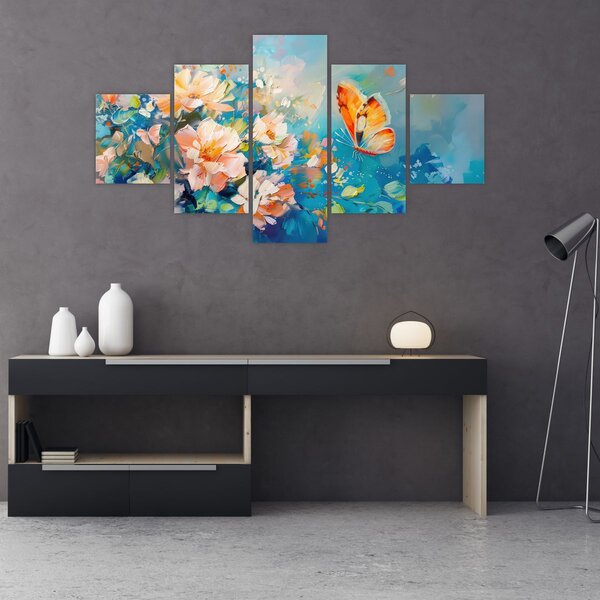 Obraz - Motyl i kwiaty, obraz olejny II. (125x70 cm)